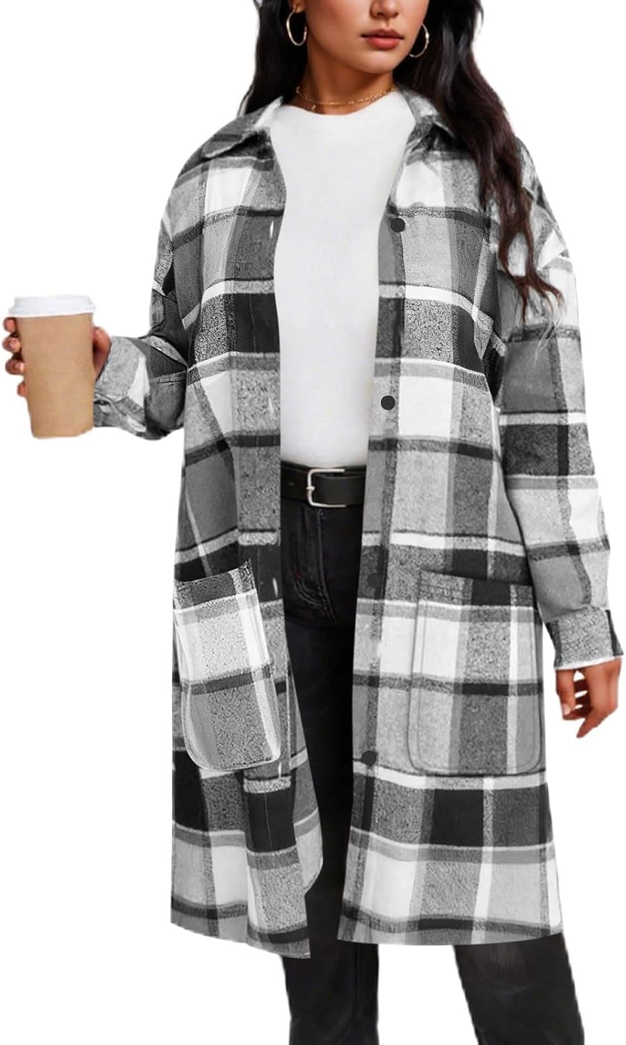 Women's Plaid Wool Coat Long Winter Lapel Peacoat Button Up Warm Overcoats Trendy Comfy Outerwear Casual Jackets